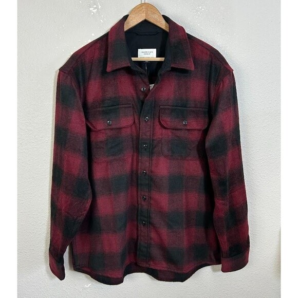NEW American Eagle Mens Fireside Flannel M Red Black Plaid Button Up Fleece Soft - Picture 2 of 7